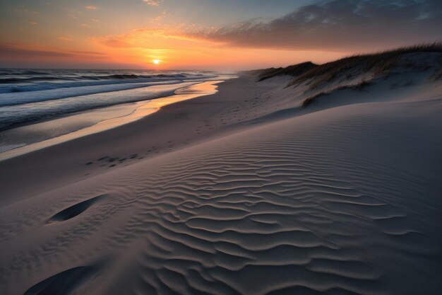 Foto de paisagem de praia e areia em uma manhã de verão levemente nebulosa Generative AI