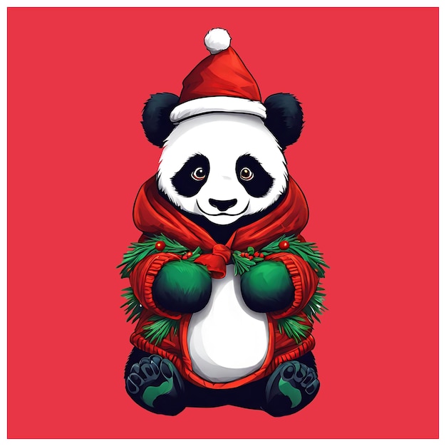 Foto foto de panda com roupa de natal com fundo vermelho