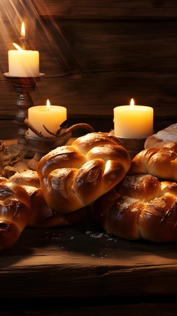 Foto foto de pão challah com sementes na mesa para o feriado de hanukkah