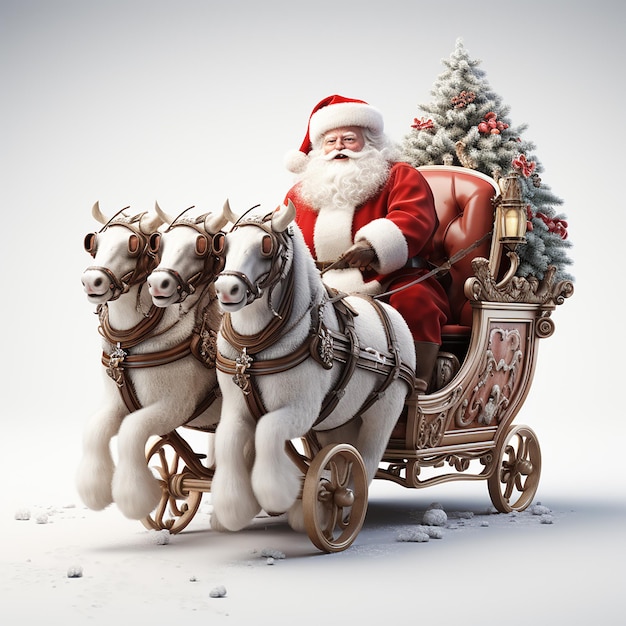 Foto de Papai Noel e amigo em um trenó com decoração de Natal em 3D com fundo branco