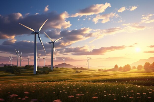 Foto de parque eólico ou parque eólico com turbinas eólicas altas para geração de eletricidadeEnergia verde