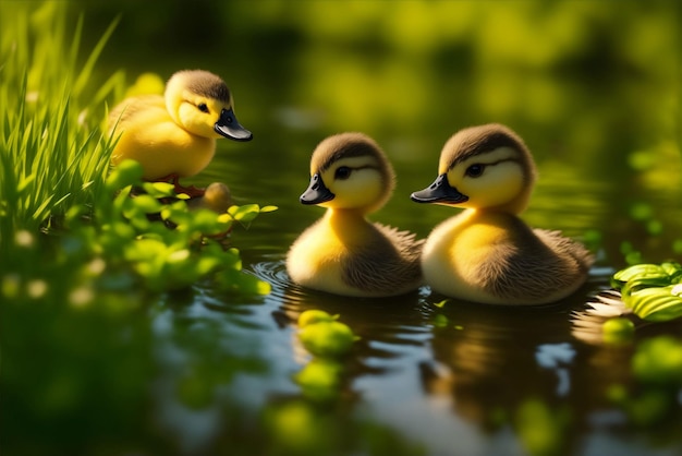 Foto de patinhos nadando no rio na natureza