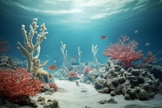 Foto de peixes e corais bizarros na areia debaixo d'água na paisagem marinha