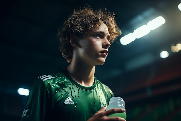 Foto foto de perfil de um jovem jogador de futebol vestindo uma camisa verde