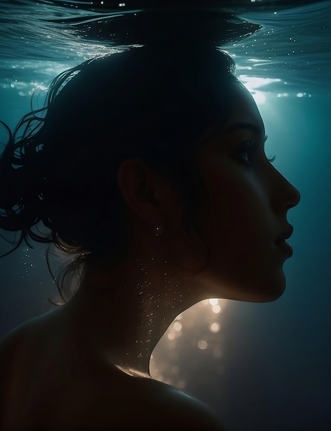 Foto de perfil de uma mulher debaixo d'água