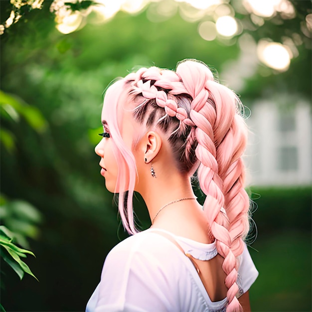 Foto de perfil em close-up da cabeça de uma mulher com um penteado e cabelo rosa