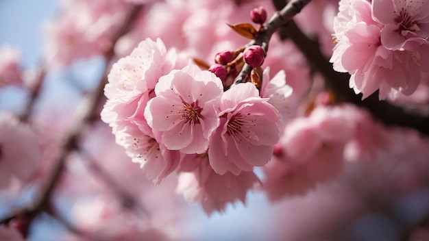 Foto de perto da flor de cereja rosa e da flor de sakura florescendo na paisagem natural da primavera