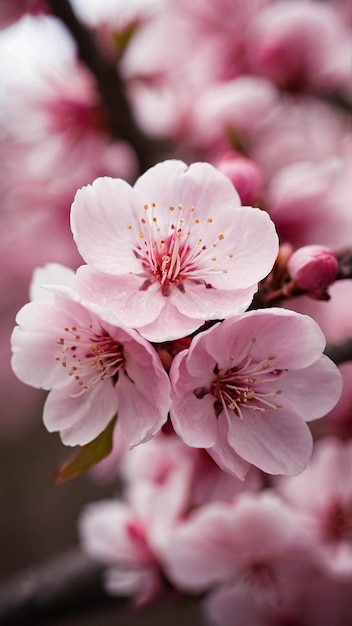 Foto de perto da flor de cereja rosa e da flor de sakura florescendo na paisagem natural da primavera