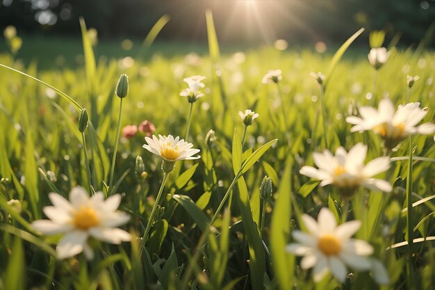 Foto foto de perto da grama e das flores em um campo sob a luz do sol durante o dia