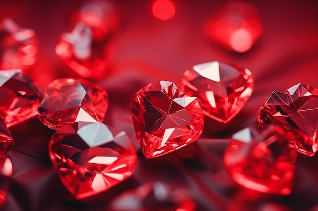 foto de perto de cristais em forma de coração flutuando em um fundo vermelho intenso