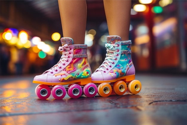 Foto de perto de pés usando patins coloridos