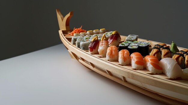 foto de perto de um barco de sushi em uma mesa branca