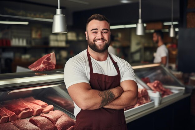 Foto foto de perto de um bonito, feliz, gordo, jovem e musculoso açougueiro de pé no balcão de carne