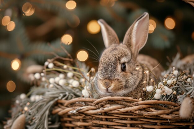 foto de perto de um coelho de Páscoa bonito em uma cesta de madeira com flores ai gerada
