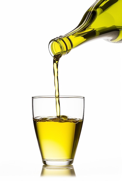 foto de perto de uma garrafa de óleo de oliva sendo derramada em um copo isolado em um fundo branco