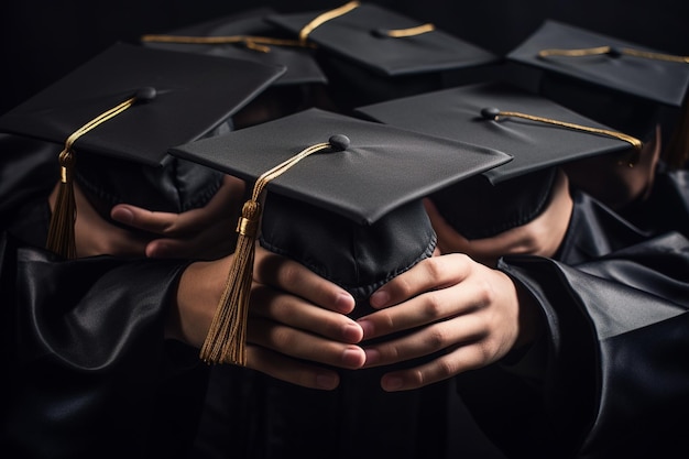 foto de perto mãos segurando diplomas e bonés