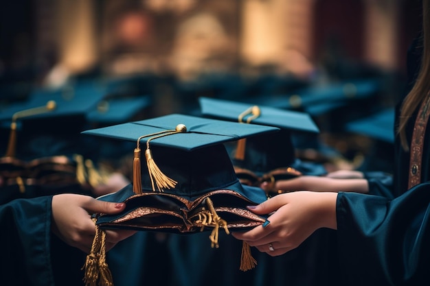 foto de perto mãos segurando diplomas e bonés