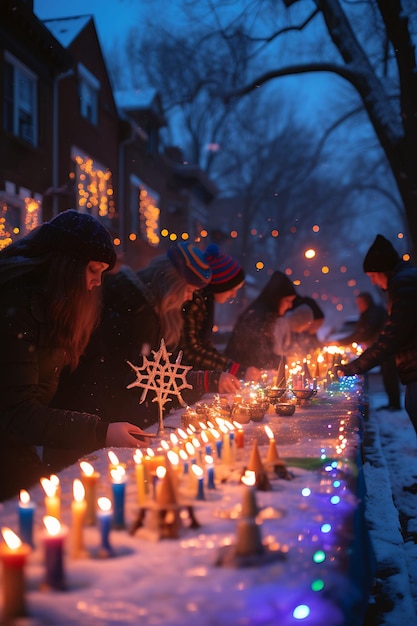 Foto de pessoas acendendo velas de Hanukkah na frente de suas casas em conceito de feriado de festival