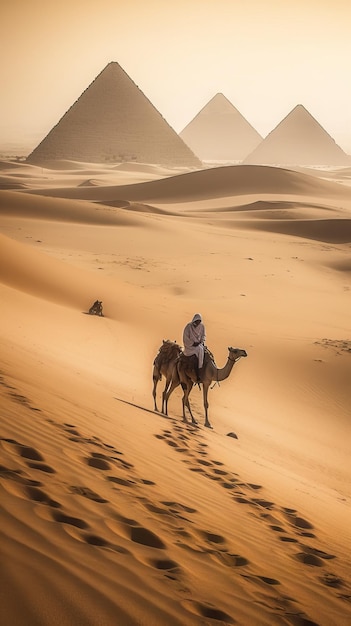 Foto de pessoas em camelos caminhando por uma vasta e árida paisagem desértica