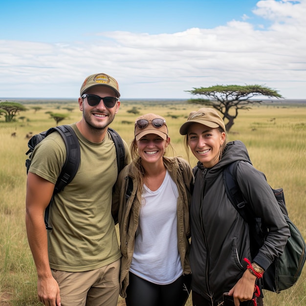 Foto de pessoas em frente ao Parque Nacional do Serengeti, na Tanzânia