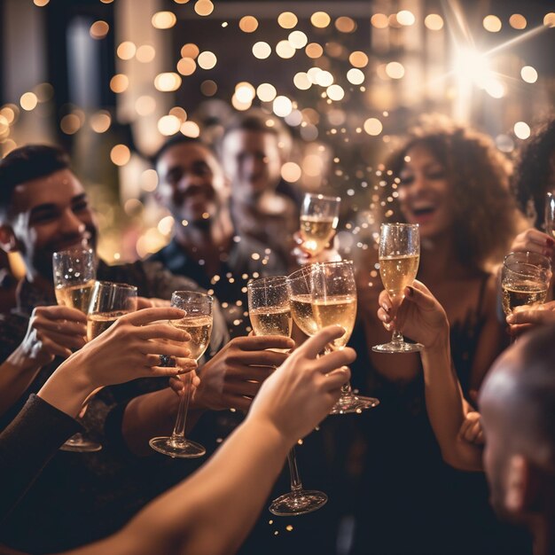 Foto foto de pessoas felizes celebrando as férias de inverno juntos com o conceito de celebração de festa de champanhe