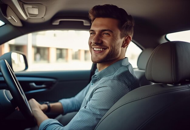 Foto de pessoas homem bonito mulher dirigindo veículo