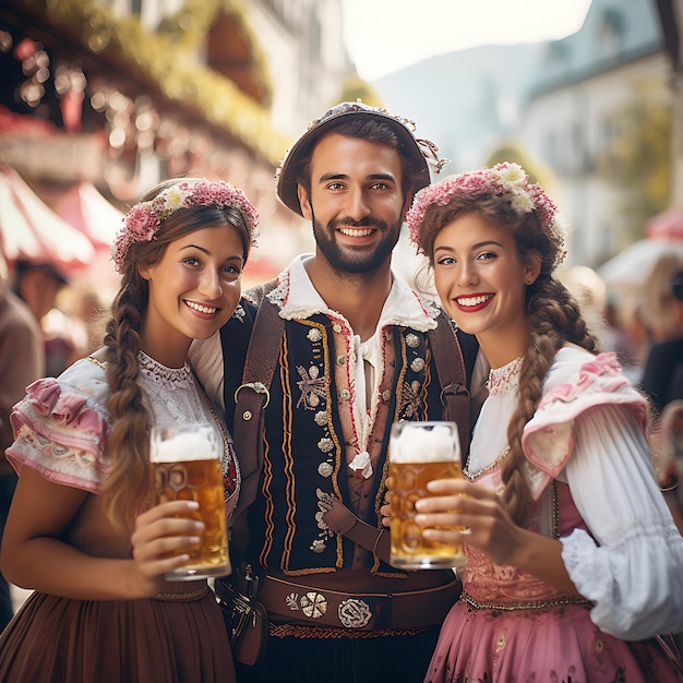 Foto de pessoas vestindo trajes tradicionais da Baviera, cerveja e pretzels