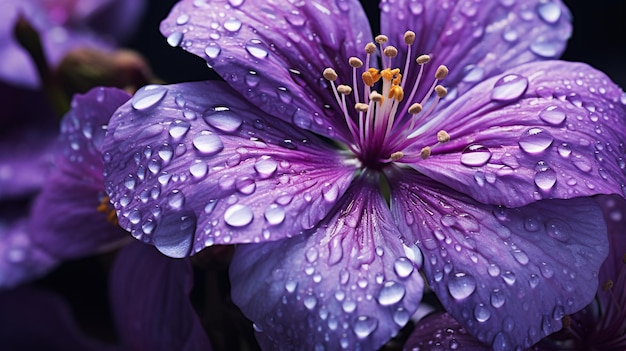 foto de pétalas de flores roxas com gotas de chuva geradas por IA