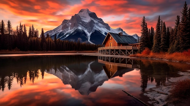 foto de pintura digital com montanhas, lagos e folhagem