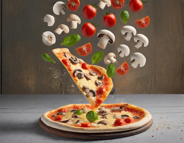 foto de pizza com pimenta e tomate e fatias de pizza geradas pela IA