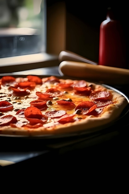 Foto de pizza em uma placa de madeira e vista lateral da mesa fundo preto