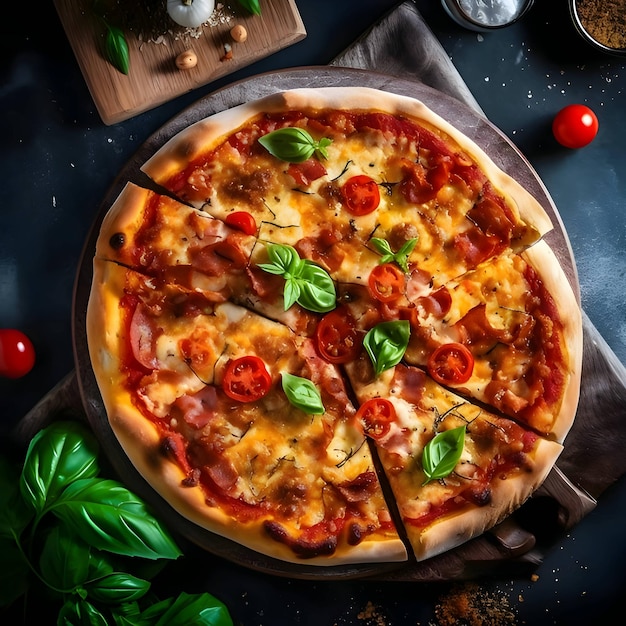 Foto de pizza na placa de madeira e vista de cima da mesa