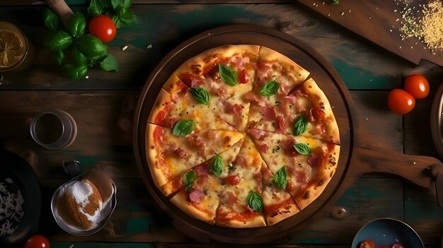 Foto de pizza na placa de madeira e vista de cima da mesa