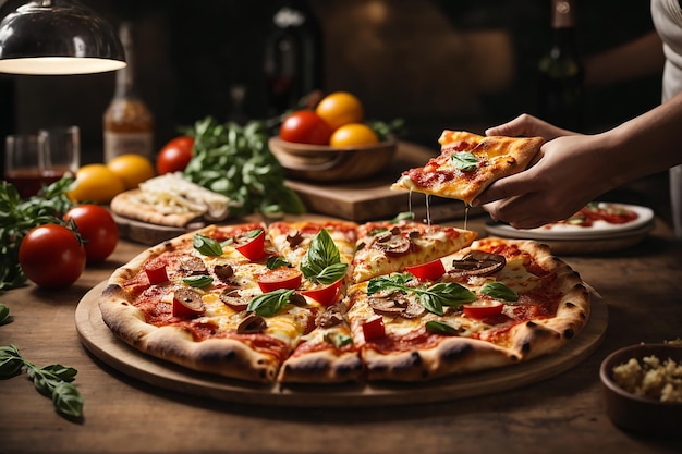 Foto foto de pizza quente closeup em uma mesa no fundo de um grupo ou companhia de amigos