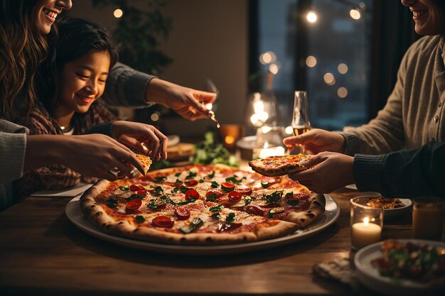 Foto de pizza quente closeup em uma mesa no fundo de um grupo ou companhia de amigos