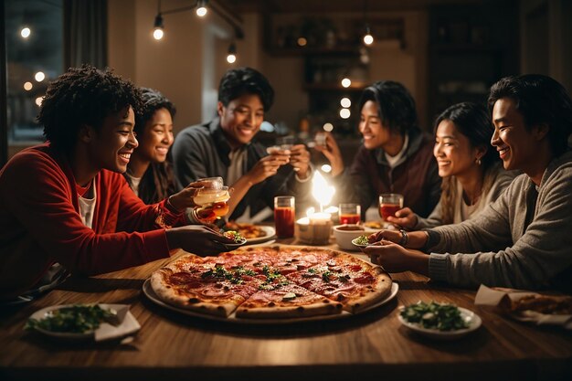 Foto de pizza quente closeup em uma mesa no fundo de um grupo ou companhia de amigos