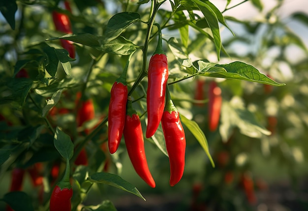 Foto de planta de pimentão vermelho com calafrios vermelhos maduros fazenda de plantação agrícola de pimentão