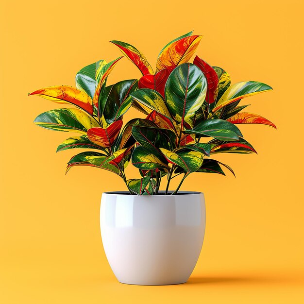 Foto foto de plantas de interior croton codiaeum variegatum em uma panela branca em fundo amarelo isolado