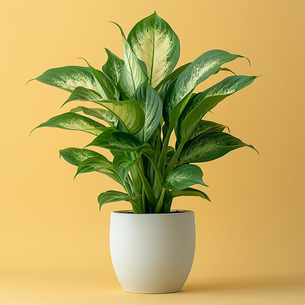 Foto de plantas de interior Dieffenbachia em uma panela branca em fundo amarelo isolado