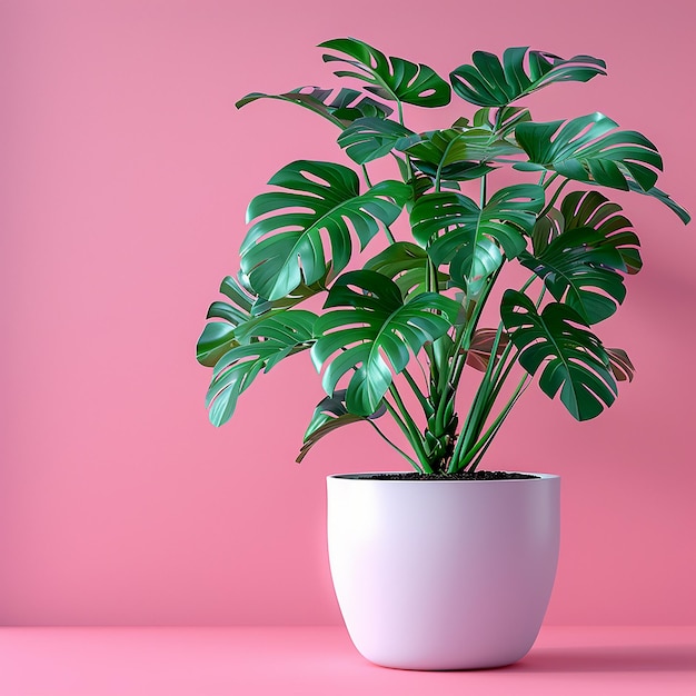 Foto de plantas de interior Monstera em vaso branco com fundo rosa