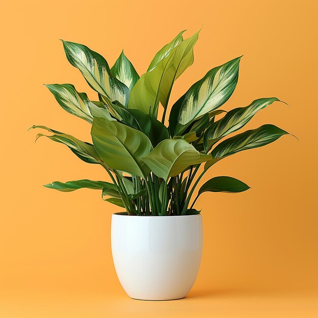 Foto de plantas de interior Pássaros Nest Fern Asplenium nidus em uma panela branca em fundo amarelo isolado