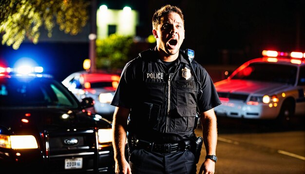 foto de policial de aplicação da lei de pé trabalhando no local com sentimento de raiva à noite IA geradora