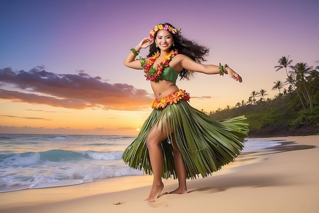 Foto de pôr-do-sol de uma bela dançarina de hula havaiana em saia de grama com os pés descalços na praia