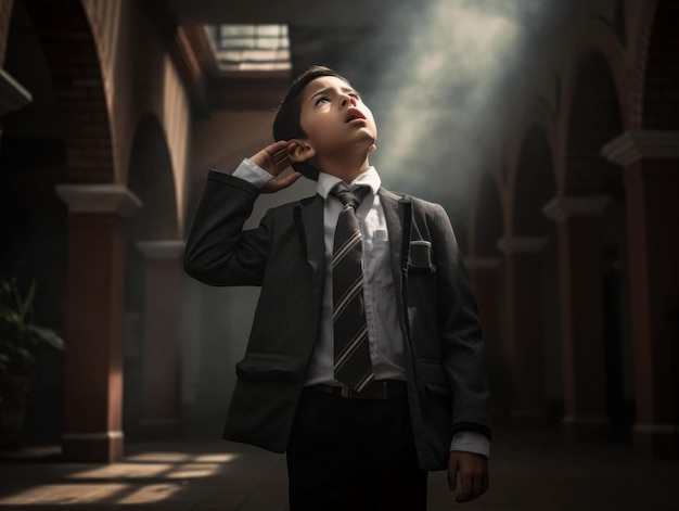 foto de pose dinâmica emocional de criança mexicana na escola