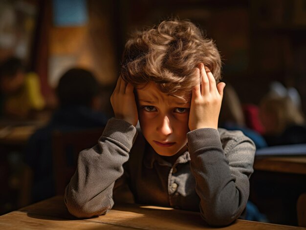 foto de pose dinâmica emocional garoto brasileiro na escola