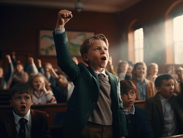 foto de pose dinâmica emocional garoto europeu na escola