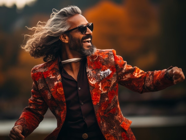 foto de pose dinâmica emocional homem indiano em fundo de outono