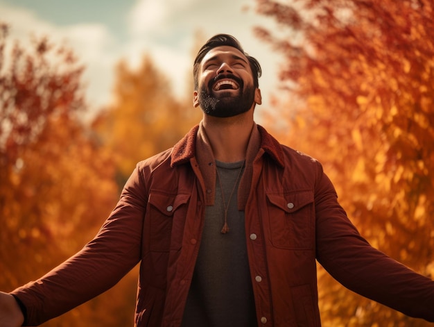 foto de pose dinâmica emocional homem indiano em fundo de outono