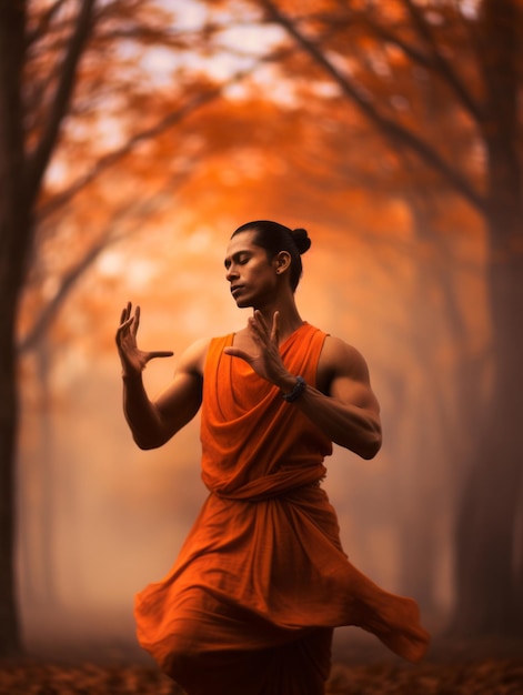 Foto foto de pose dinâmica emocional homem indiano em fundo de outono