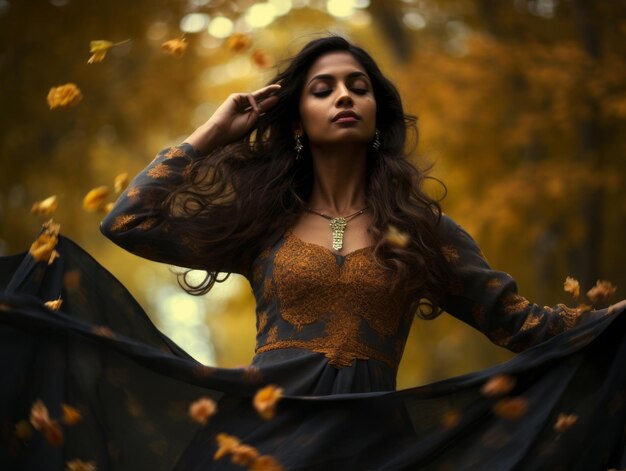 foto de pose dinâmica emocional mulher indiana em fundo de outono